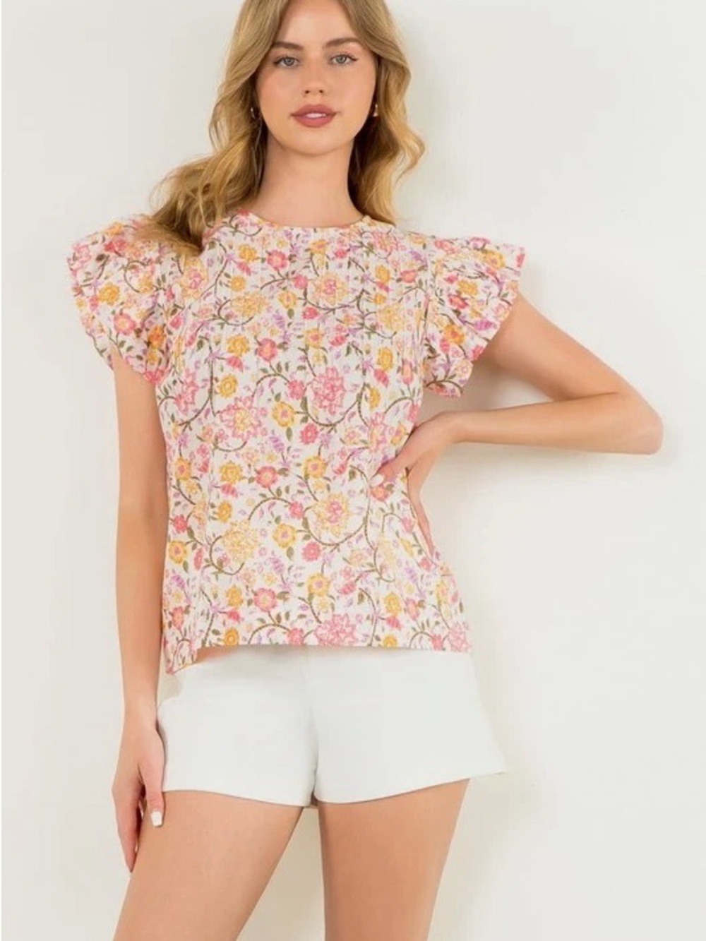 THML Floral Ruffle Cap Sleeve Top